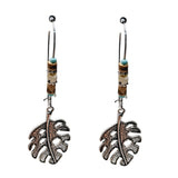Monstera Leaf Dangle Earrings – Silver-Tone with Beaded Hook Detail