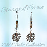 Monstera Leaf Dangle Earrings – Silver-Tone with Beaded Hook Detail