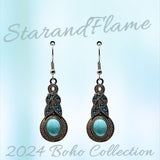 Vintage Boho Dangle Earrings – Silver-Tone with Turquoise and Blue Crystal Accents