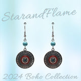 Bohemian Round Medallion Earrings – Silver-Tone with Turquoise Bead & Red Enamel Accent