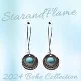 Bohemian Sunburst Dangle Earrings – Silver-Tone with Turquoise Stone Accent