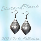 Ethnic Tribal Teardrop Earrings – Vintage Silver-Tone Geometric Engraved Design