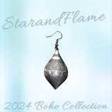 Ethnic Tribal Teardrop Earrings – Vintage Silver-Tone Geometric Engraved Design
