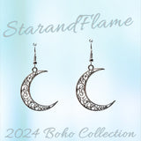 Crescent Moon Dangle Earrings – Silver-Tone Filigree Bohemian Design